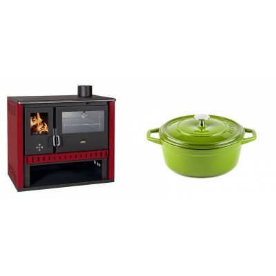 Set Küchenofen / Küchenhexe Prity GT Rot, mit Edelstahl-Backofen, Leistung 15 kW + Gusseisen Topf Tiefer Solagio, Bamboo, Ф20 - Kaminofen - Holzofen mit Backfach