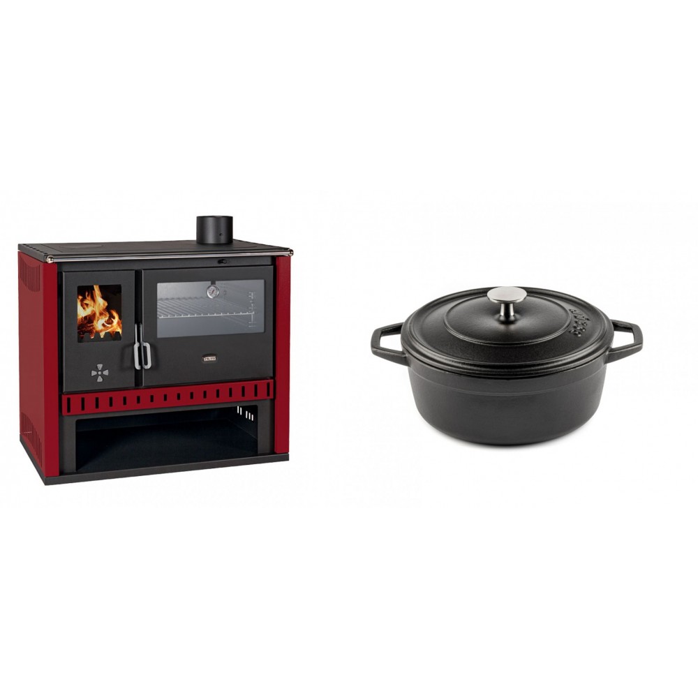 Set Küchenofen / Küchenhexe Prity GT Rot, mit Edelstahl-Backofen, Leistung 15 kW + Gusseisen Topf Tiefer Solagio, Black Onyx, Ф20