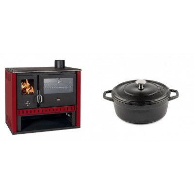 Set Küchenofen / Küchenhexe Prity GT Rot, mit Edelstahl-Backofen, Leistung 15 kW + Gusseisen Topf Tiefer Solagio, Black Onyx, Ф20 - Kaminofen - Holzofen mit Backfach
