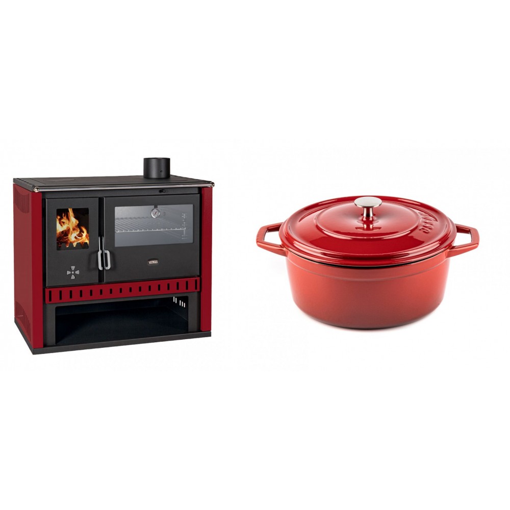 Set Küchenofen / Küchenhexe Prity GT Rot, mit Edelstahl-Backofen, Leistung 15 kW + Gusseisen Topf Tiefer Solagio, Rubin, Ф24 | Kaminofen - Holzofen mit Backfach | Kaminofen |