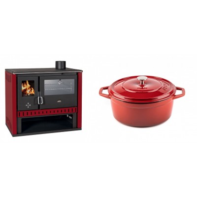 Set Küchenofen / Küchenhexe Prity GT Rot, mit Edelstahl-Backofen, Leistung 15 kW + Gusseisen Topf Tiefer Solagio, Rubin, Ф24 - Kaminofen - Holzofen mit Backfach