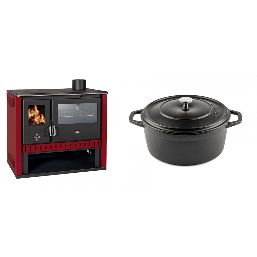 Set Küchenofen / Küchenhexe Prity GT Rot, mit Edelstahl-Backofen, Leistung 15 kW + Gusseisen Topf Tiefer Solagio, Black Onyx, Ф24