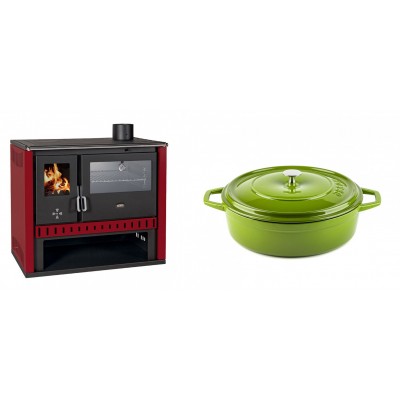 Set Küchenofen / Küchenhexe Prity GT Rot, mit Edelstahl-Backofen, Leistung 15 kW + Gusseisen Topf Flach Solagio, Bamboo, Ф26 - Kaminofen - Holzofen mit Backfach