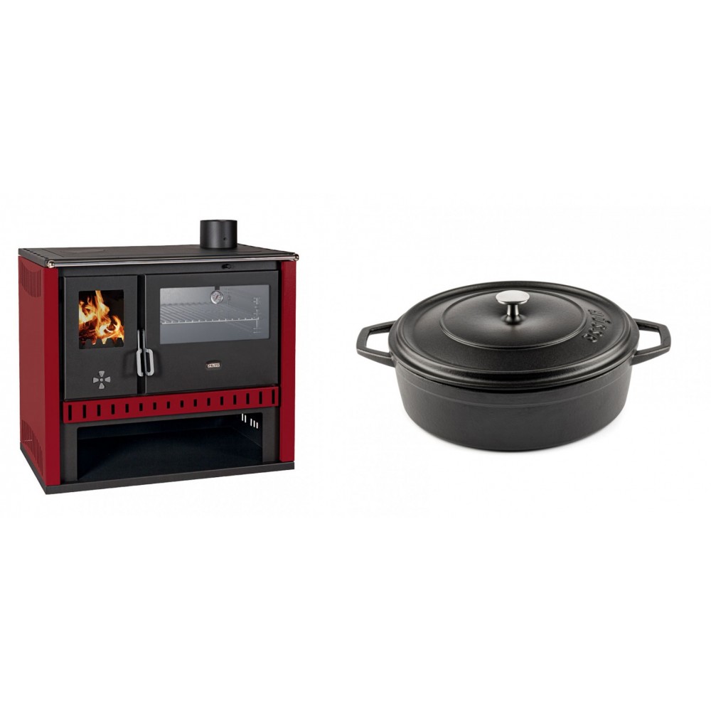 Set Küchenofen / Küchenhexe Prity GT Rot, mit Edelstahl-Backofen, Leistung 15 kW + Gusseisen Topf Flach Solagio, Black Onyx, Ф26 | Kaminofen - Holzofen mit Backfach | Kaminofen |