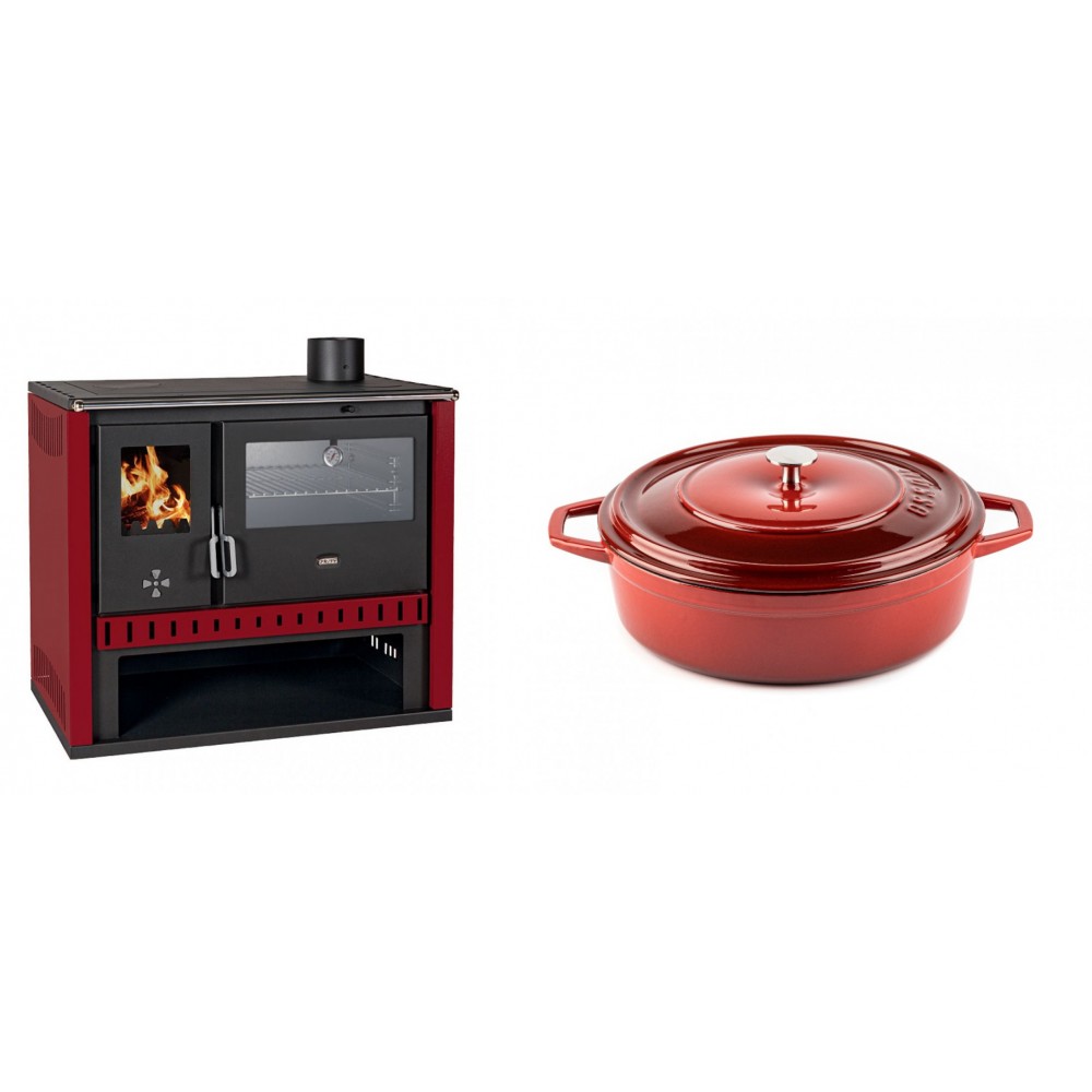 Set Küchenofen / Küchenhexe Prity GT Rot, mit Edelstahl-Backofen, Leistung 15 kW + Gusseisen Topf Flach Solagio, Rubin, Ф26