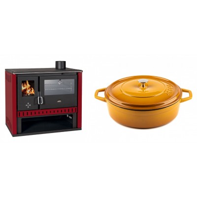 Set Küchenofen / Küchenhexe Prity GT Rot, mit Edelstahl-Backofen, Leistung 15 kW + Gusseisen Topf Flach Solagio, Dijon, Ф28 - Kaminofen - Holzofen mit Backfach
