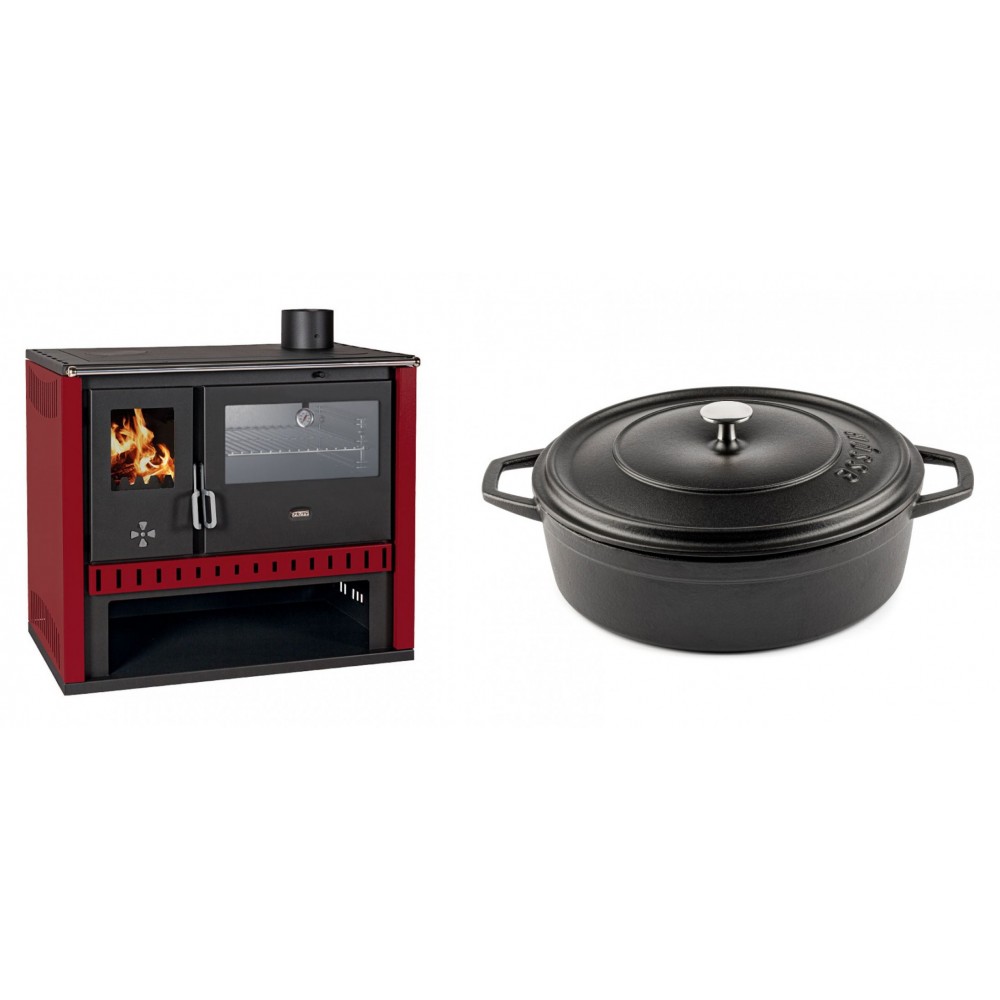 Set Küchenofen / Küchenhexe Prity GT Rot, mit Edelstahl-Backofen, Leistung 15 kW + Gusseisen Topf Flach Solagio, Black Onyx, Ф28 | Kaminofen - Holzofen mit Backfach | Kaminofen |