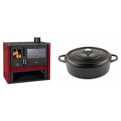 Set Küchenofen / Küchenhexe Prity GT Rot, mit Edelstahl-Backofen, Leistung 15 kW + Gusseisen Topf Flach Solagio, Black Onyx, Ф28 - Kaminofen - Holzofen mit Backfach