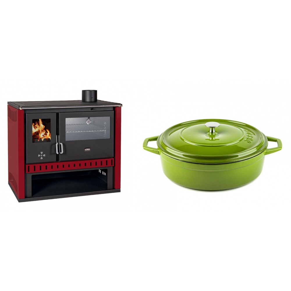 Set Küchenofen / Küchenhexe Prity GT Rot, mit Edelstahl-Backofen, Leistung 15 kW + Gusseisen Topf Flach Solagio, Bamboo, Ф28
