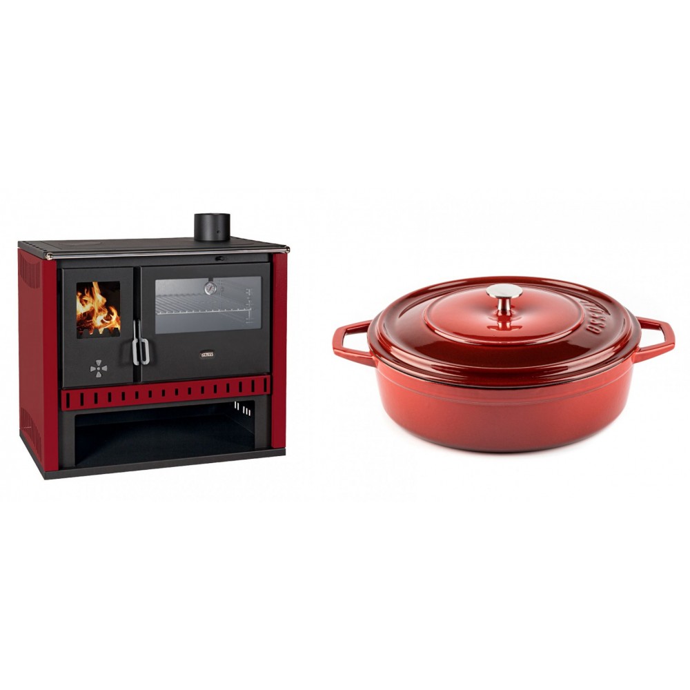 Set Küchenofen / Küchenhexe Prity GT Rot, mit Edelstahl-Backofen, Leistung 15 kW + Gusseisen Topf Flach Solagio, Rubin, Ф28 | Kaminofen - Holzofen mit Backfach | Kaminofen |