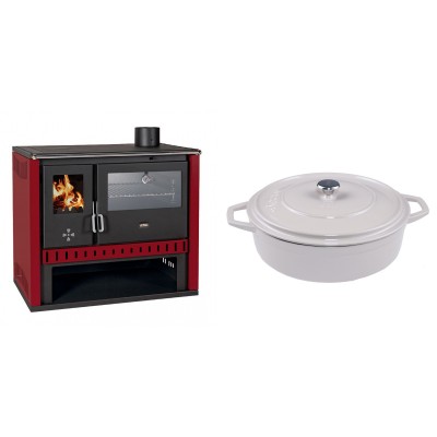 Set Küchenofen / Küchenhexe Prity GT Rot, mit Edelstahl-Backofen, Leistung 15 kW + Gusseisen Topf Flach Solagio, Ivory, Ф28 - Kaminofen - Holzofen mit Backfach