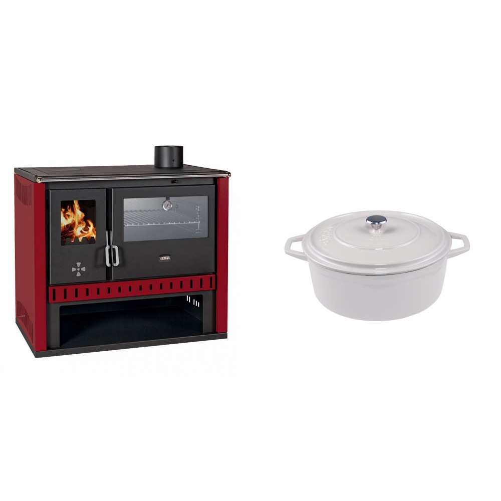 Set Küchenofen / Küchenhexe Prity GT Rot, mit Edelstahl-Backofen, Leistung 15 kW + Gusseisen Topf Tiefer Solagio, Ivory, Ф20 | Kaminofen - Holzofen mit Backfach | Kaminofen |