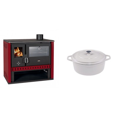 Set Küchenofen / Küchenhexe Prity GT Rot, mit Edelstahl-Backofen, Leistung 15 kW + Gusseisen Topf Tiefer Solagio, Ivory, Ф20 - Kaminofen - Holzofen mit Backfach