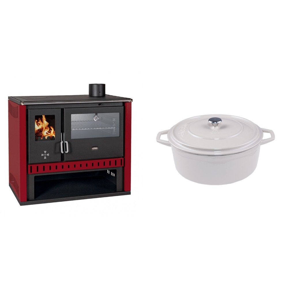 Set Küchenofen / Küchenhexe Prity GT Rot, mit Edelstahl-Backofen, Leistung 15 kW + Gusseisen Topf Tiefer Solagio, Ivory, Ф24