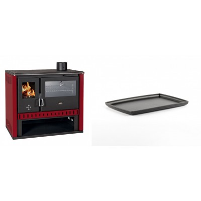 Set Küchenofen / Küchenhexe Prity GT Rot, mit Edelstahl-Backofen, Leistung 15 kW + Rechteckige Servierplatte aus Gusseisen Solagio, 21x31cm - Kaminofen - Holzofen mit Backfach