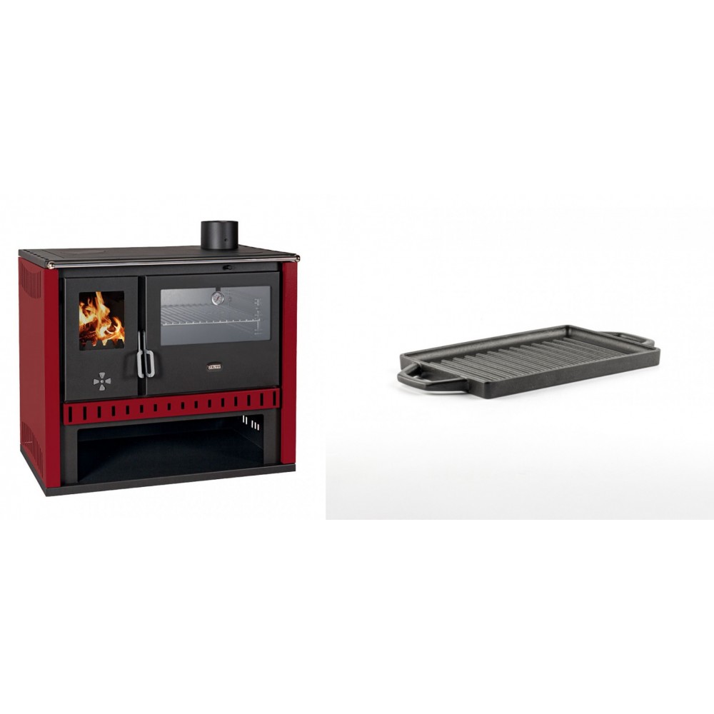 Set Küchenofen / Küchenhexe Prity GT Rot, mit Edelstahl-Backofen, Leistung 15 kW + Mini-Grillplatte aus Gusseisen Solagio, 15.5x22.5cm | Kaminofen - Holzofen mit Backfach | Kaminofen |