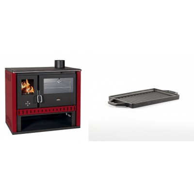 Set Küchenofen / Küchenhexe Prity GT Rot, mit Edelstahl-Backofen, Leistung 15 kW + Mini-Grillplatte aus Gusseisen Solagio, 15.5x22.5cm - Kaminofen - Holzofen mit Backfach