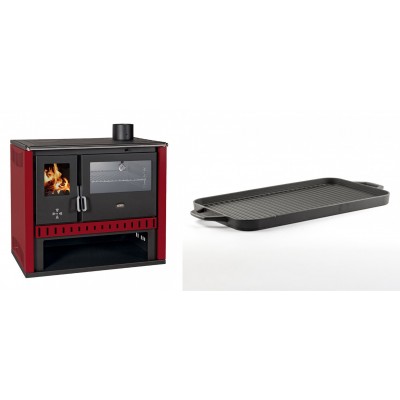 Set Küchenofen / Küchenhexe Prity GT Rot, mit Edelstahl-Backofen, Leistung 15 kW + Große Grillplatte aus Gusseisen Solagio, 25x44cm - Kaminofen - Holzofen mit Backfach