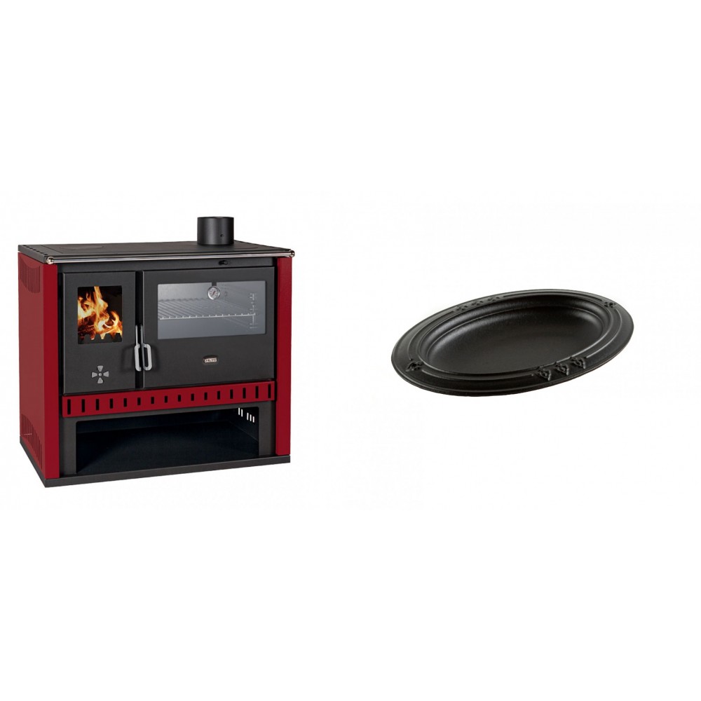 Set Küchenofen / Küchenhexe Prity GT Rot, mit Edelstahl-Backofen, Leistung 15 kW + Gusseiserne auflaufform Solagio oval, 25x33cm | Kaminofen - Holzofen mit Backfach | Kaminofen |