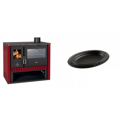 Set Küchenofen / Küchenhexe Prity GT Rot, mit Edelstahl-Backofen, Leistung 15 kW + Gusseiserne auflaufform Solagio oval, 25x33cm - Kaminofen - Holzofen mit Backfach