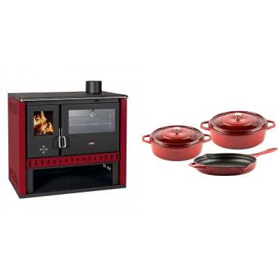Set Küchenofen / Küchenhexe Prity GT Rot, mit Edelstahl-Backofen, Leistung 15 kW + Gusseisen Topf Set aus 3 teilen Solagio, Rubin - Kaminofen - Holzofen mit Backfach