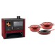 Set Küchenofen / Küchenhexe Prity GT Rot, mit Edelstahl-Backofen, Leistung 15 kW + Gusseisen Topf Set aus 3 teilen Solagio, Rubin | Kaminofen - Holzofen mit Backfach | Kaminofen |
