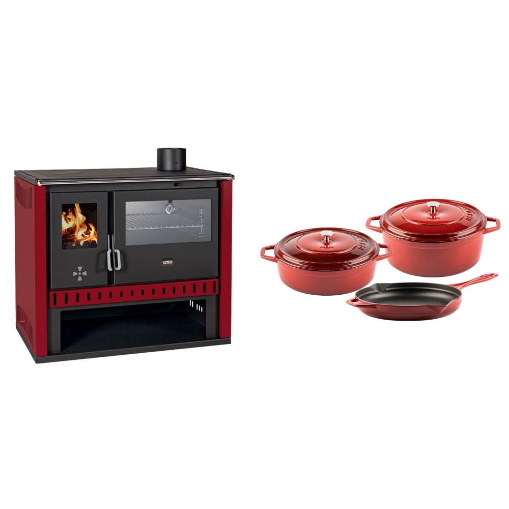 Set Küchenofen / Küchenhexe Prity GT Rot, mit Edelstahl-Backofen, Leistung 15 kW + Gusseisen Topf Set aus 3 teilen Solagio, Rubin | Kaminofen - Holzofen mit Backfach | Kaminofen |