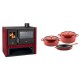 Set Küchenofen / Küchenhexe Prity GT Rot, mit Edelstahl-Backofen, Leistung 15 kW + Gusseisen Topf Set aus 3 teilen Solagio, Rubin | Kaminofen - Holzofen mit Backfach | Kaminofen |