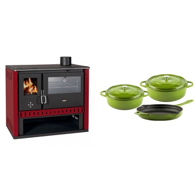 Set Küchenofen / Küchenhexe Prity GT Rot, mit Edelstahl-Backofen, Leistung 15 kW + Gusseisen Topf Set aus 3 teilen Solagio, Bamboo - Kaminofen - Holzofen mit Backfach