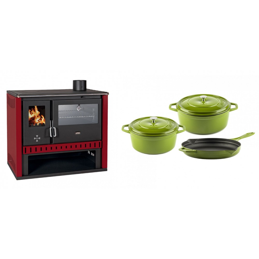 Set Küchenofen / Küchenhexe Prity GT Rot, mit Edelstahl-Backofen, Leistung 15 kW + Gusseisen Topf Set aus 3 teilen Solagio, Bamboo | Kaminofen - Holzofen mit Backfach | Kaminofen |