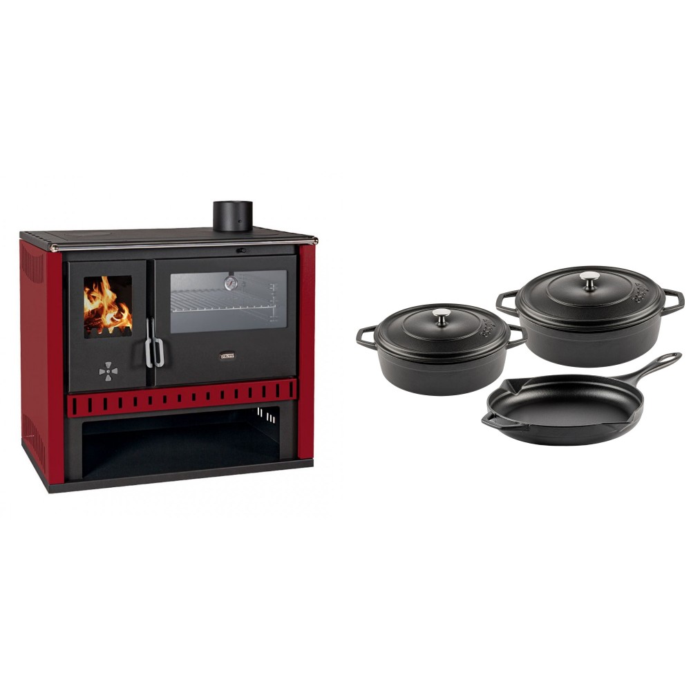 Set Küchenofen / Küchenhexe Prity GT Rot, mit Edelstahl-Backofen, Leistung 15 kW + Gusseisen Topf Set aus 3 teilen Solagio, Black Onyx | Kaminofen - Holzofen mit Backfach | Kaminofen |