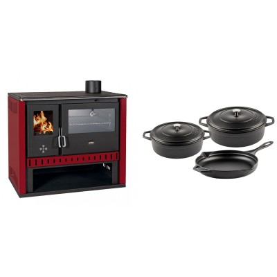Set Küchenofen / Küchenhexe Prity GT Rot, mit Edelstahl-Backofen, Leistung 15 kW + Gusseisen Topf Set aus 3 teilen Solagio, Black Onyx - Kaminofen - Holzofen mit Backfach