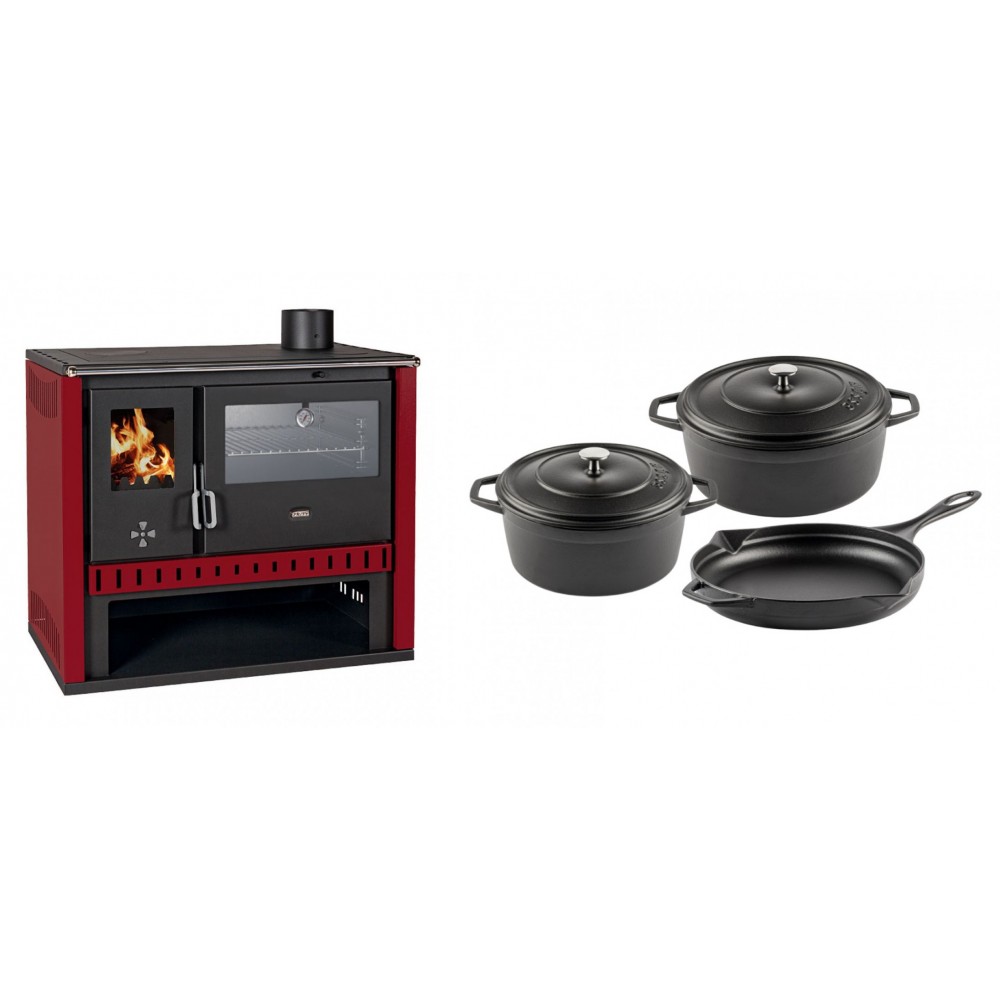 Set Küchenofen / Küchenhexe Prity GT Rot, mit Edelstahl-Backofen, Leistung 15 kW + Gusseisen Topf Set aus 3 teilen Solagio, Black Onyx