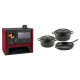 Set Küchenofen / Küchenhexe Prity GT Rot, mit Edelstahl-Backofen, Leistung 15 kW + Gusseisen Topf Set aus 3 teilen Solagio, Black Onyx | Kaminofen - Holzofen mit Backfach | Kaminofen |