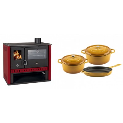 Set Küchenofen / Küchenhexe Prity GT Rot, mit Edelstahl-Backofen, Leistung 15 kW + Gusseisen Topf Set aus 3 teilen Solagio, Dijon - Kaminofen - Holzofen mit Backfach