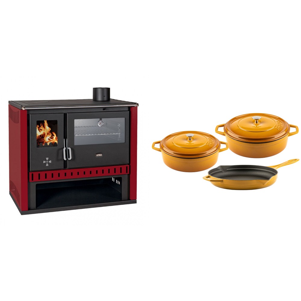 Set Küchenofen / Küchenhexe Prity GT Rot, mit Edelstahl-Backofen, Leistung 15 kW + Gusseisen Topf Set aus 3 teilen Solagio, Dijon | Kaminofen - Holzofen mit Backfach | Kaminofen |