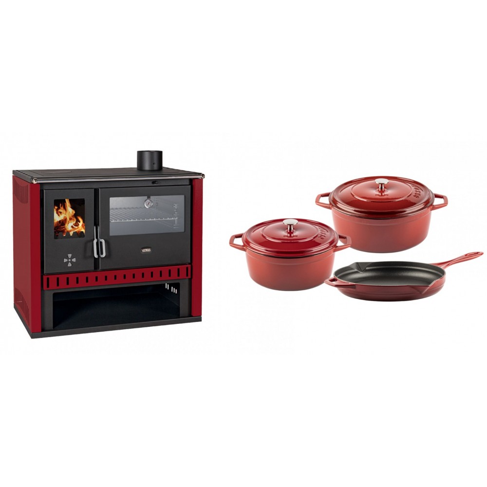 Set Küchenofen / Küchenhexe Prity GT Rot, mit Edelstahl-Backofen, Leistung 15 kW + Gusseisen Topf Set aus 3 teilen Solagio, Rubin | Kaminofen - Holzofen mit Backfach | Kaminofen |