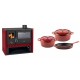 Set Küchenofen / Küchenhexe Prity GT Rot, mit Edelstahl-Backofen, Leistung 15 kW + Gusseisen Topf Set aus 3 teilen Solagio, Rubin | Kaminofen - Holzofen mit Backfach | Kaminofen |