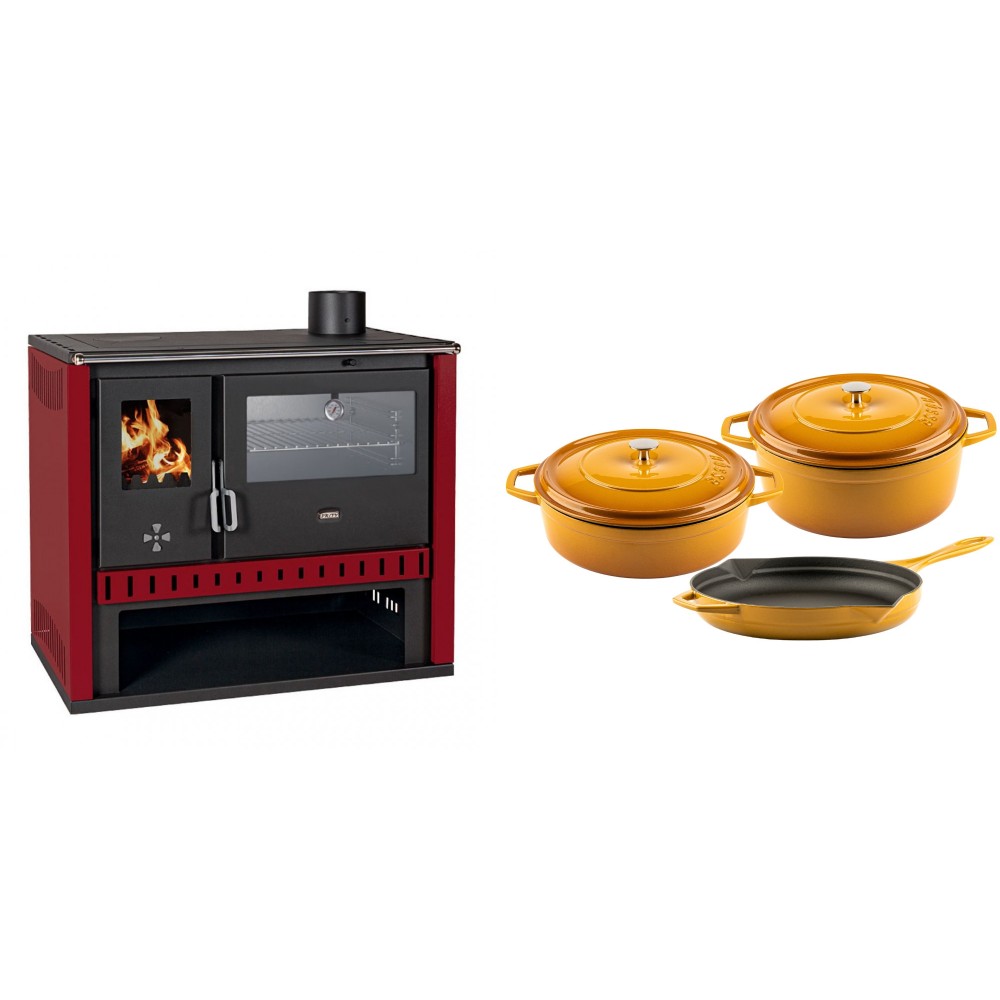 Set Küchenofen / Küchenhexe Prity GT Rot, mit Edelstahl-Backofen, Leistung 15 kW + Gusseisen Topf Set aus 3 teilen Solagio, Dijon