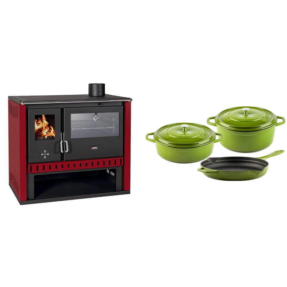 Set Küchenofen / Küchenhexe Prity GT Rot, mit Edelstahl-Backofen, Leistung 15 kW + Gusseisen Topf Set aus 3 teilen Solagio, Bamboo | Kaminofen - Holzofen mit Backfach | Kaminofen |