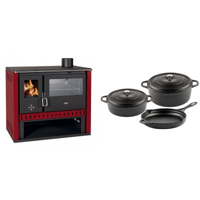 Set Küchenofen / Küchenhexe Prity GT Rot, mit Edelstahl-Backofen, Leistung 15 kW + Gusseisen Topf Set aus 3 teilen Solagio, Black Onyx - Kaminofen - Holzofen mit Backfach