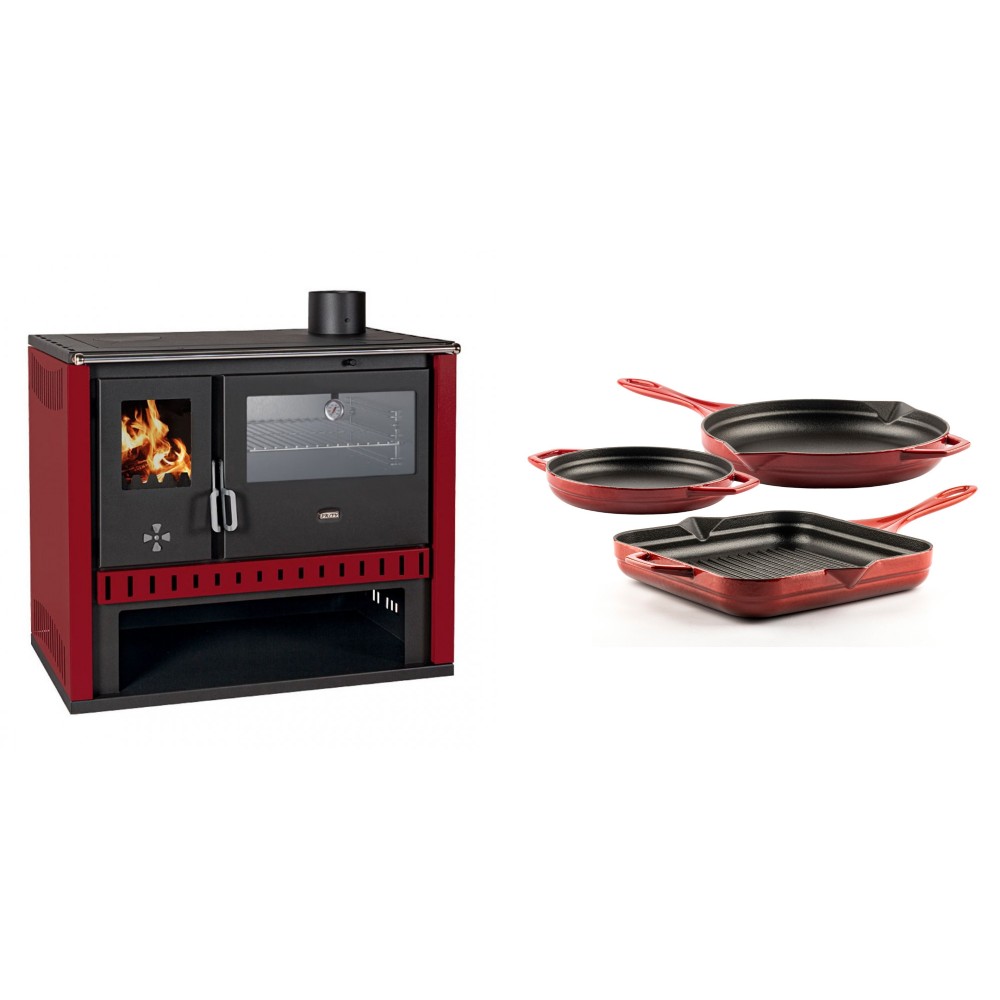 Set Küchenofen / Küchenhexe Prity GT Rot, mit Edelstahl-Backofen, Leistung 15 kW + Gusseisen Topf Set aus 3 teilen Solagio, Rubin | Kaminofen - Holzofen mit Backfach | Kaminofen |