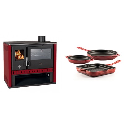 Set Küchenofen / Küchenhexe Prity GT Rot, mit Edelstahl-Backofen, Leistung 15 kW + Gusseisen Topf Set aus 3 teilen Solagio, Rubin - Kaminofen - Holzofen mit Backfach