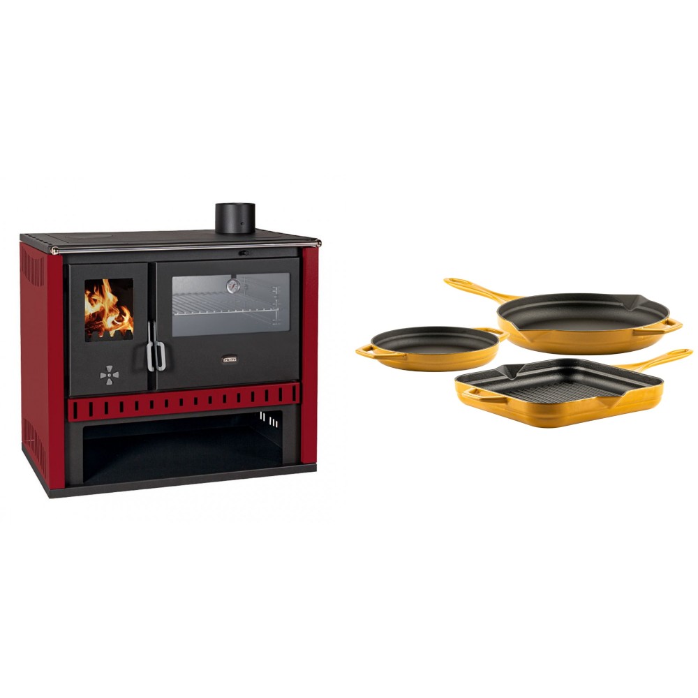 Set Küchenofen / Küchenhexe Prity GT Rot, mit Edelstahl-Backofen, Leistung 15 kW + Gusseisen Topf Set aus 3 teilen Solagio, Dijon | Kaminofen - Holzofen mit Backfach | Kaminofen |