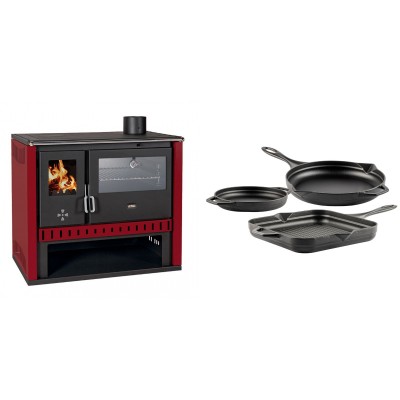 Set Küchenofen / Küchenhexe Prity GT Rot, mit Edelstahl-Backofen, Leistung 15 kW + Gusseisen Topf Set aus 3 teilen Solagio, Black Onyx - Kaminofen - Holzofen mit Backfach