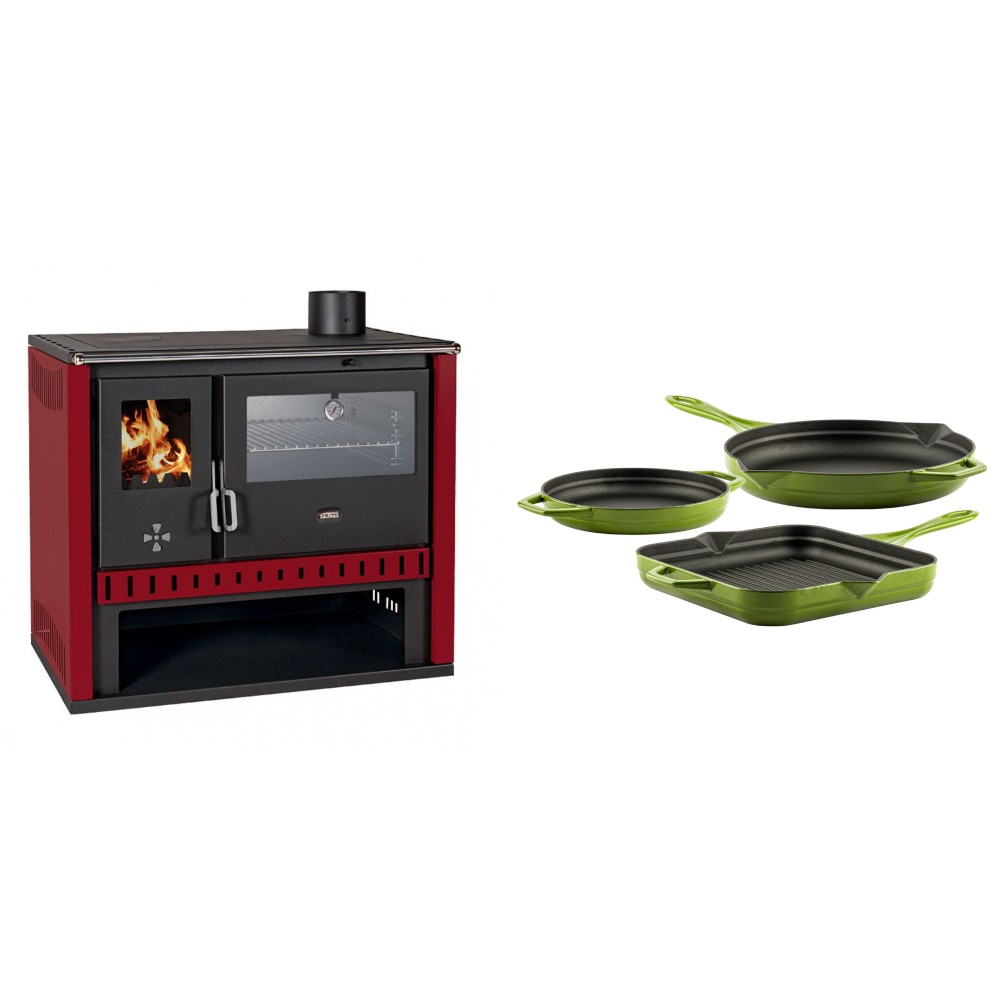 Set Küchenofen / Küchenhexe Prity GT Rot, mit Edelstahl-Backofen, Leistung 15 kW + Gusseisen Topf Set aus 3 teilen Solagio, Bamboo