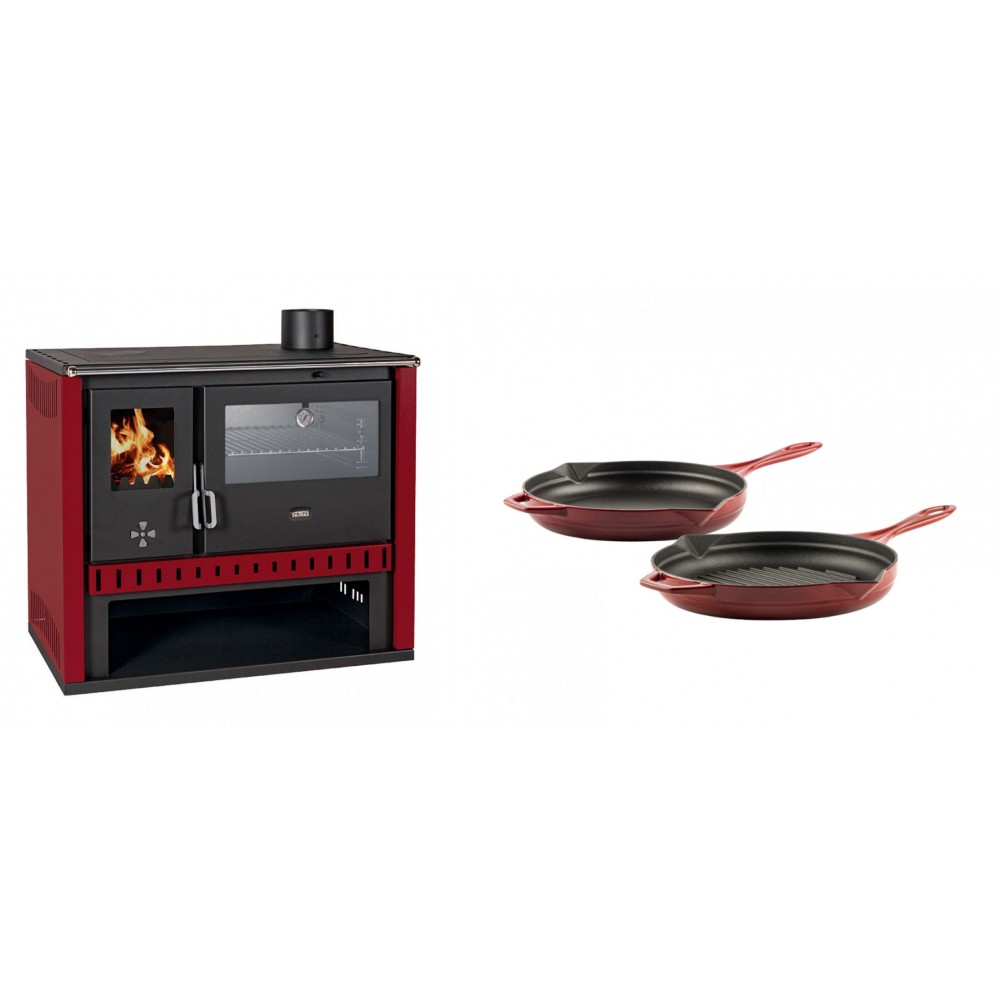Set Küchenofen / Küchenhexe Prity GT Rot, mit Edelstahl-Backofen, Leistung 15 kW + Gusseisen Topf Set aus 2 teilen Solagio, Rubin