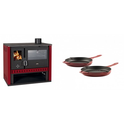 Set Küchenofen / Küchenhexe Prity GT Rot, mit Edelstahl-Backofen, Leistung 15 kW + Gusseisen Topf Set aus 2 teilen Solagio, Rubin - Kaminofen - Holzofen mit Backfach