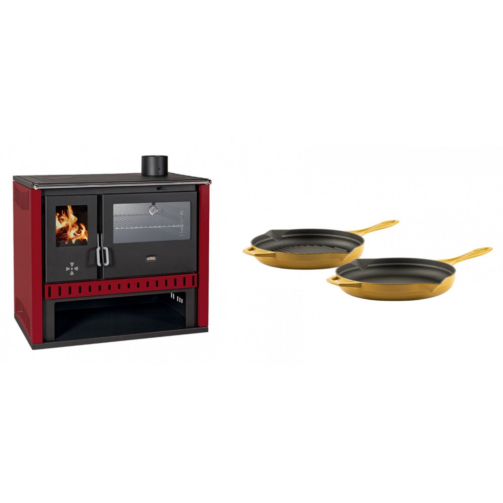 Set Küchenofen / Küchenhexe Prity GT Rot, mit Edelstahl-Backofen, Leistung 15 kW + Gusseisen Topf Set aus 2 teilen Solagio, Dijon | Kaminofen - Holzofen mit Backfach | Kaminofen |