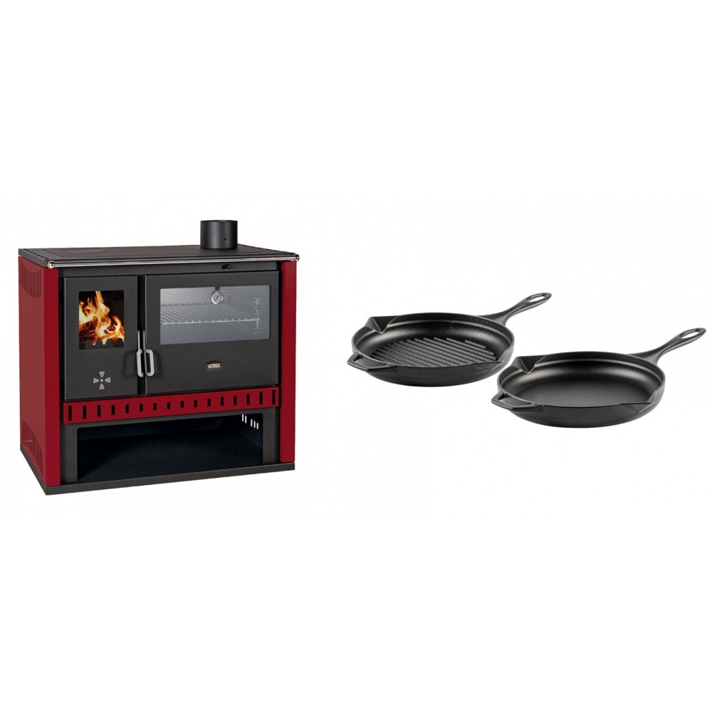 Set Küchenofen / Küchenhexe Prity GT Rot, mit Edelstahl-Backofen, Leistung 15 kW + Gusseisen Topf Set aus 2 teilen Solagio, Black Onyx